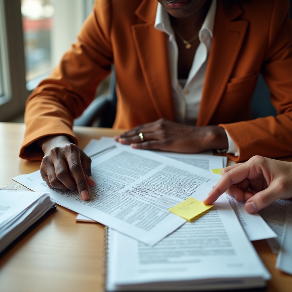 Detailed review of grant justification documents spread on a desk