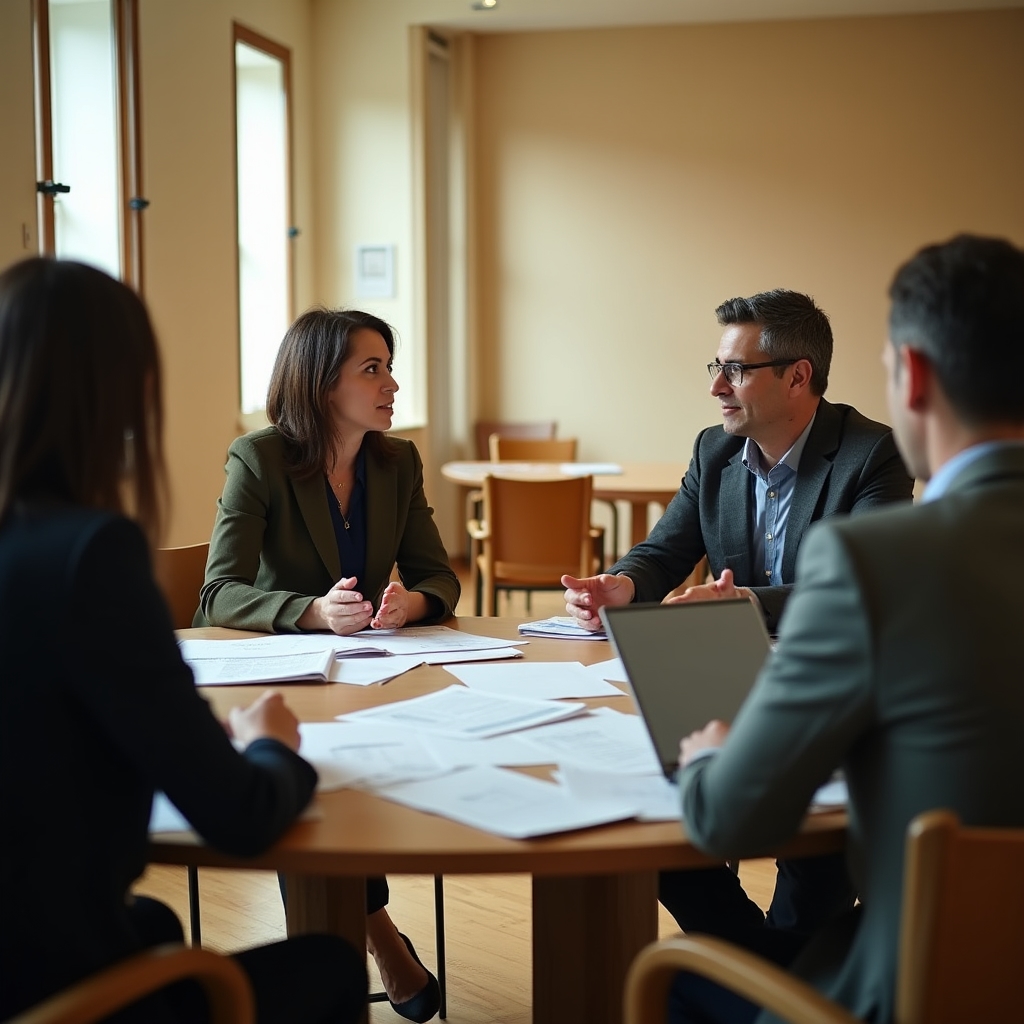 Consultant working with NGO team around a table reviewing documents